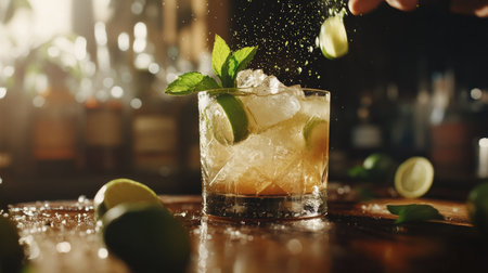 A refreshing cocktail featuring mint and lime over ice, perfect for summer gatherings. Ideal for showcasing vibrant drink aesthetics and mixology.の素材