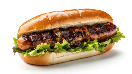 Enjoy a mouthwatering grilled hotdog served in a fresh bun with crisp lettuce. Perfect for summer picnics, barbecues, and casual dining occasions.の素材