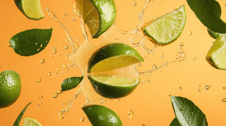 A dynamic display of fresh lime wedges and green leaves splashing against a vibrant yellow background, showcasing the freshness and zest of limes. Perfect for culinary and beverage themes.の素材