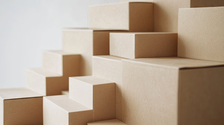 A collection of neatly stacked brown boxes showcasing a minimalist design. The clean lines and soft shadows create an elegant and modern aesthetic perfect for various projects.の素材