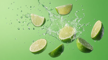 A vibrant and dynamic image of lime slices splashing in fresh water, capturing the essence of freshness and vitality, perfect for culinary and beverage themes.の素材