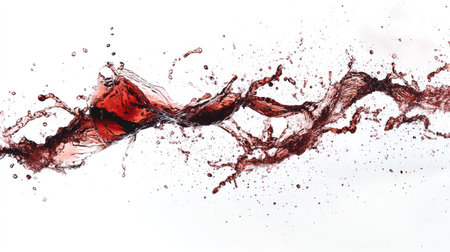 A vibrant and playful splash of red wine creates an artistic scene against a white background, highlighting the dynamic nature of liquid motion. Perfect for beverage-related themes.の素材