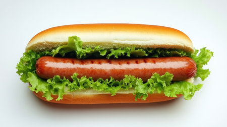 A mouthwatering hotdog nestled in a soft bun, topped with fresh lettuce. Perfect for summer picnics or casual meals, this delicious treat is sure to satisfy any craving.の素材