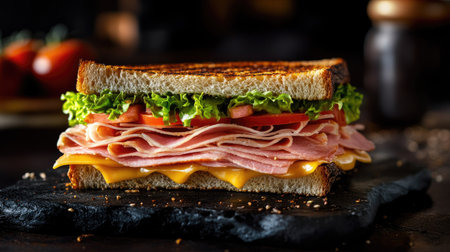 A mouthwatering deli sandwich featuring layers of ham, cheese, fresh lettuce, and ripe tomatoes on toasted bread, perfect for any meal or snack.の素材