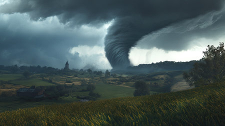 A dramatic scene captures a powerful tornado cutting through a tranquil farmland landscape. Dark storm clouds loom ominously as nature unleashes its fury.の素材