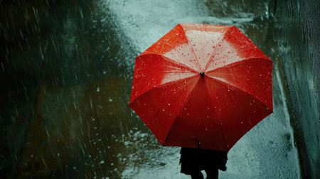A person holding a vibrant red umbrella stands in the rain. The image captures the beauty of solitude and protection against the elements in a rainy setting.の素材