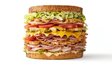 A towering deli sandwich overflowing with fresh ingredients, featuring layers of meats, cheeses, and vegetables, perfect for a hearty meal or snack.の素材
