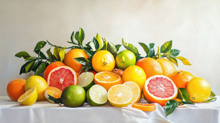 A vibrant arrangement of assorted citrus fruits, including lemons, limes, oranges, and grapefruits, creates a lively still life. Perfect for food photography.の素材