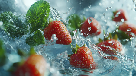 A stunning close-up of fresh strawberries splashing in water, accompanied by mint leaves. Perfect for illustrating freshness, nature, and summer delights.の素材