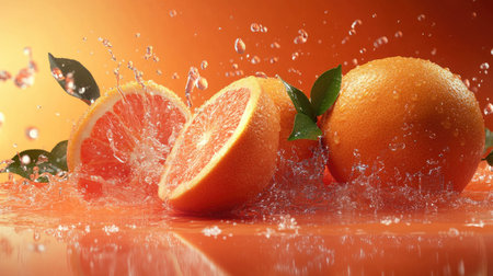 Dynamic image of vibrant orange slices splashing in water, highlighted against an orange background. Perfect for showcasing freshness and tropical flavors.の素材