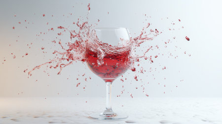 An artistic arrangement showcasing a splash of red liquid in a glass, capturing dynamic motion and vibrant colors. Perfect for themes of creativity and freshness.の素材