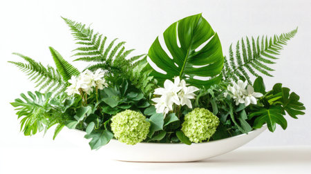 This vibrant floral arrangement features a mix of lush greenery and elegant white flowers, creating a fresh and serene centerpiece perfect for enhancing any indoor space.の素材