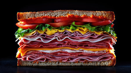 A vibrant stacked sandwich showcasing layers of fresh ingredients, including meats, cheese, and vegetables. Perfect for deli-inspired culinary visuals.の素材