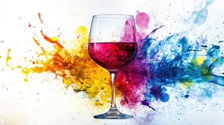 A stunning close-up of an elegant glass filled with colorful liquid, surrounded by vibrant splashes. Ideal for art, beverage, and celebration themes.の素材