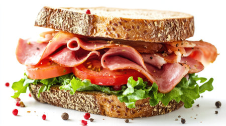 This mouthwatering ham sandwich features layers of fresh ingredients including lettuce, tomato, and savory ham between slices of hearty bread. Perfect for lunch or a snack!の素材