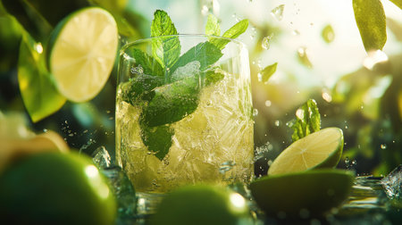 A refreshing drink featuring mint leaves and lime, served over ice. Perfect for summer gatherings, this image captures the essence of a vibrant cocktail.の素材