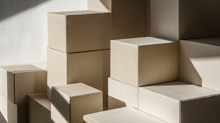 This artistic close-up showcases stacked cardboard boxes, emphasizing their texture and the interplay of light and shadow for a minimalist aesthetic.の素材