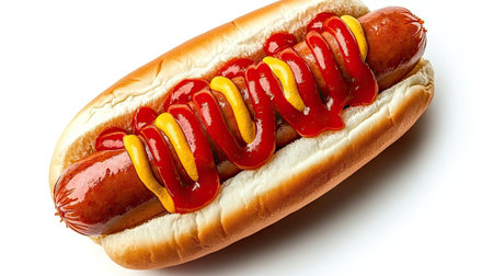 A delicious hot dog served in a soft bun, topped with ketchup and mustard. Perfect for picnics, backyard barbecues, or as a quick snack.の素材