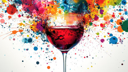 A stunning elegant glass filled with a colorful liquid, surrounded by vibrant splashes and artistic elements, perfect for celebrating creativity and joy.の素材