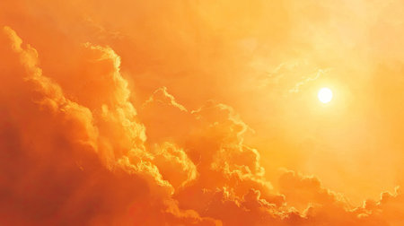 A stunning and vibrant depiction of an expansive orange sky during sunset, filled with fluffy clouds and warm light, evoking a sense of peace and tranquility.の素材