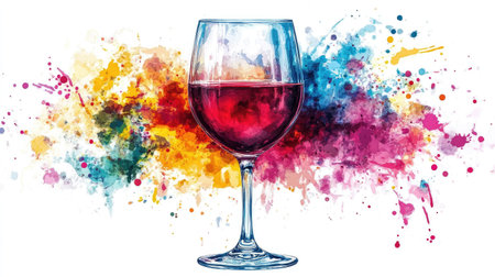 An elegant glass filled with a vibrant red liquid, set against a colorful splash background. Perfect for themes of celebration, creativity, and refreshing drinks.の素材