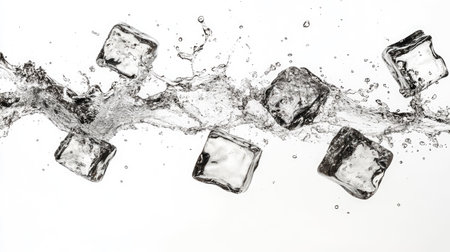 This dynamic image captures ice cubes splashing into clear water, creating a refreshing moment. The clarity and detail highlight the coldness and vibrancy of the scene.の素材