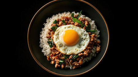 A high-angle view of a delicious plate of stir-fried minced pork served over rice, topped with a perfectly fried egg, set against a dark background.の素材