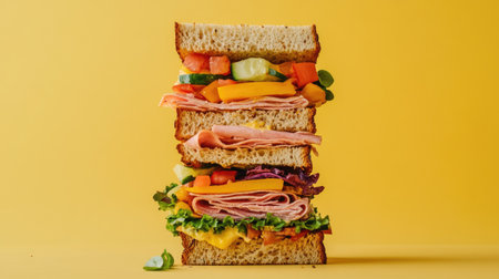 A vibrant stack of delectable deli sandwiches showcases fresh ingredients and layers of flavor against a sunny yellow background, perfect for food lovers.の素材