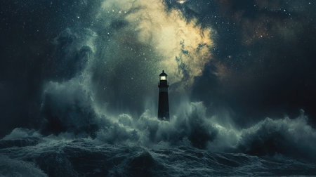 A dramatic lighthouse stands tall amidst fierce waves under a night sky filled with stars. The scene captures the beauty and power of nature.の素材