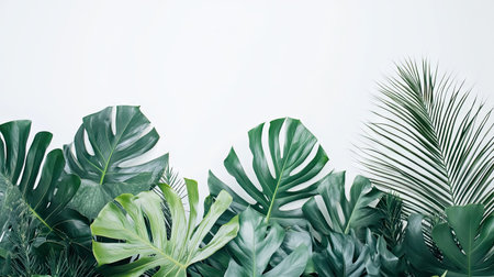 Explore a captivating arrangement of vibrant tropical foliage, showcasing various green leaves against a bright, minimal background, perfect for decor.の素材