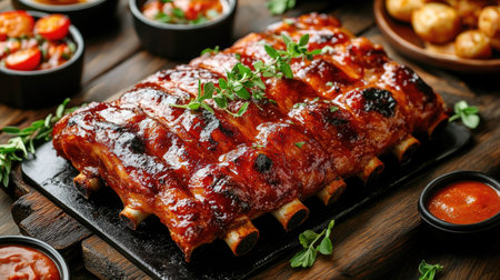 A beautifully roasted suckling pig with crispy skin, garnished with fresh herbs, served alongside delicious sides and sauces, perfect for festive occasions.の素材