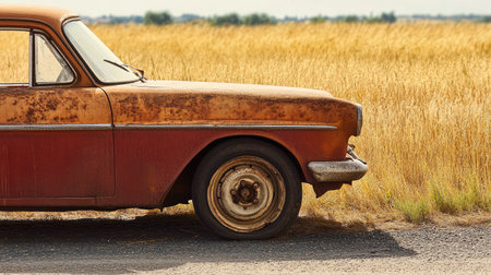A weathered old car with a flat tire sits abandoned on a dirt road, surrounded by a golden field. This serene countryside scene captures the essence of vintage transportation.の素材