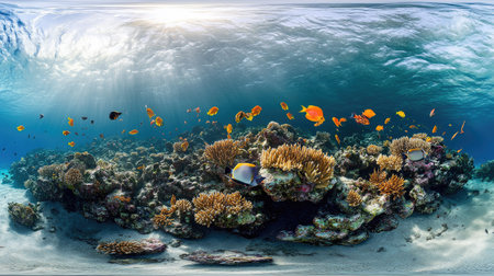 Discover a stunning panoramic underwater view of a vibrant coral reef, showcasing diverse marine life and natural beauty in crystal-clear waters.の素材