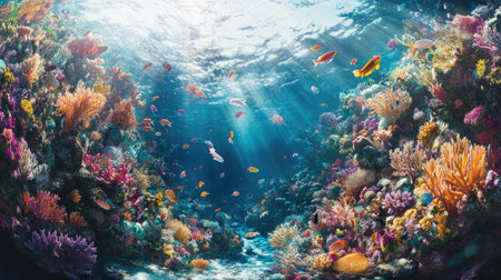 Explore a stunning underwater panoramic view showcasing a vibrant coral ecosystem filled with colorful fish and stunning marine life illuminated by sunlight.の素材