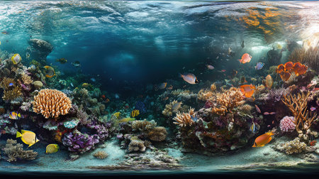 Explore a stunning panoramic underwater view of a vibrant coral reef teeming with colorful marine life. Discover the beauty of ocean biodiversity.の素材