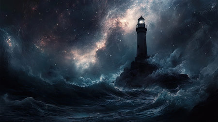 A dramatic scene of a lighthouse standing strong against crashing waves on a stormy night, surrounded by dark clouds and a celestial sky.の素材