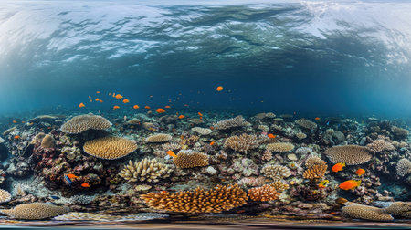 Explore a stunning panoramic underwater view of a vibrant coral reef, showcasing colorful marine life and the unique beauty of ocean ecosystems. Perfect for nature enthusiasts.の素材