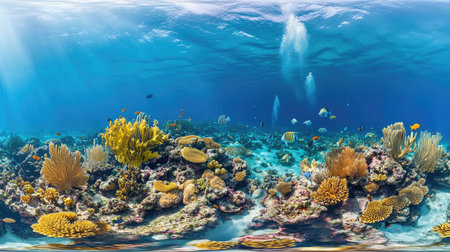 Experience the stunning beauty of a vibrant underwater coral reef, teeming with diverse marine life and colorful corals, showcasing a serene aquatic paradise.の素材