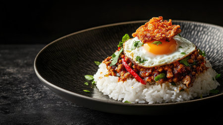 A delicious dish of stir-fried minced pork with Thai basil, served on a bed of rice, topped with a fried egg, combining rich flavors and enticing aromas.の素材
