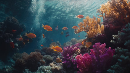 Explore a stunning underwater realm filled with vibrant corals and colorful fish, showcasing the beauty and diversity of marine life in a thriving ecosystem.の素材