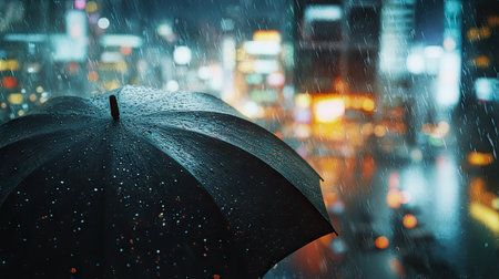 A stunning view of a black umbrella sheltering from falling raindrops in a vibrant city at night, creating a serene and atmospheric scene.の素材