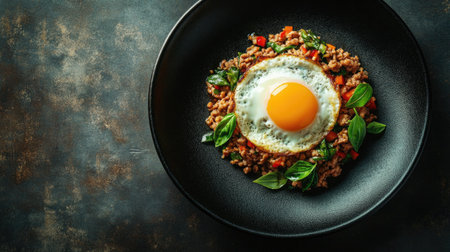 Colorful and appetizing stir fried minced pork topped with a sunny-side-up egg, presented in a stylish black plate. Ideal for food enthusiasts.の素材