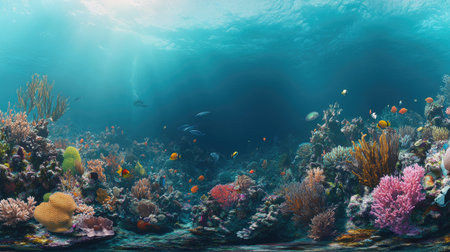 Explore the serene beauty of a vibrant underwater coral reef. This panoramic view captures colorful marine life thriving in a tranquil oceanic environment, showcasing nature's rich biodiversity.の素材