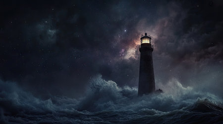 A strong lighthouse stands amid fierce waves and a dark stormy sky, illuminating the tumultuous ocean and creating a captivating, dramatic scene.の素材