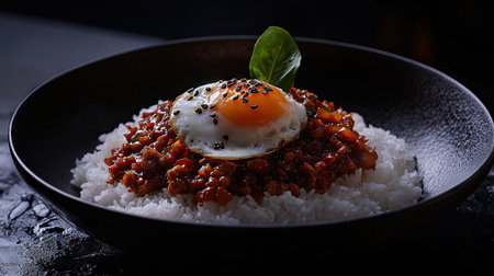 Savor the irresistible flavors of stir-fried minced pork with Thai basil, topped with a sunny-side-up egg on a bed of fluffy rice. A delightful meal!の素材