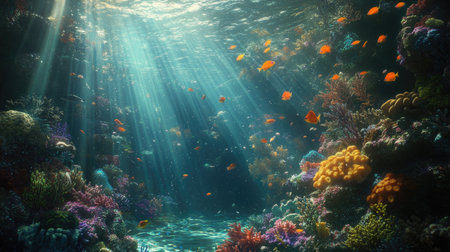Explore a vibrant underwater scene featuring tropical fish swimming among colorful corals, illuminated by sunbeams in a captivating ocean setting.の素材