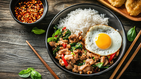 Indulge in traditional Thai stir fried pork served with fragrant rice and a sunny-side-up egg. A mouthwatering dish bursting with fresh herbs and bold flavors.の素材