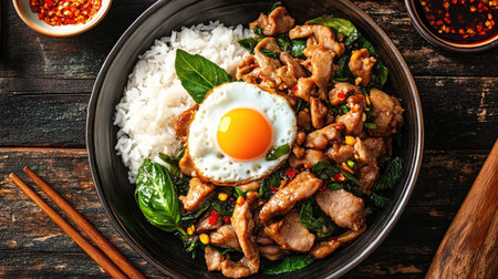 Enjoy a delicious bowl of traditional Thai stir fried pork served with rice and a sunny-side-up egg. This vibrant dish is packed with flavor and fresh ingredients.の素材