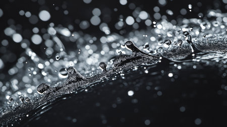 Magnificent water droplets gather on a dark surface, creating a stunning visual of reflection and movement. Ideal for nature and abstract themes.の素材
