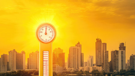 Capture a stunning panoramic view of a city skyline bathed in golden sunset light. This vibrant urban scene showcases modern architecture under beautiful skies.の素材